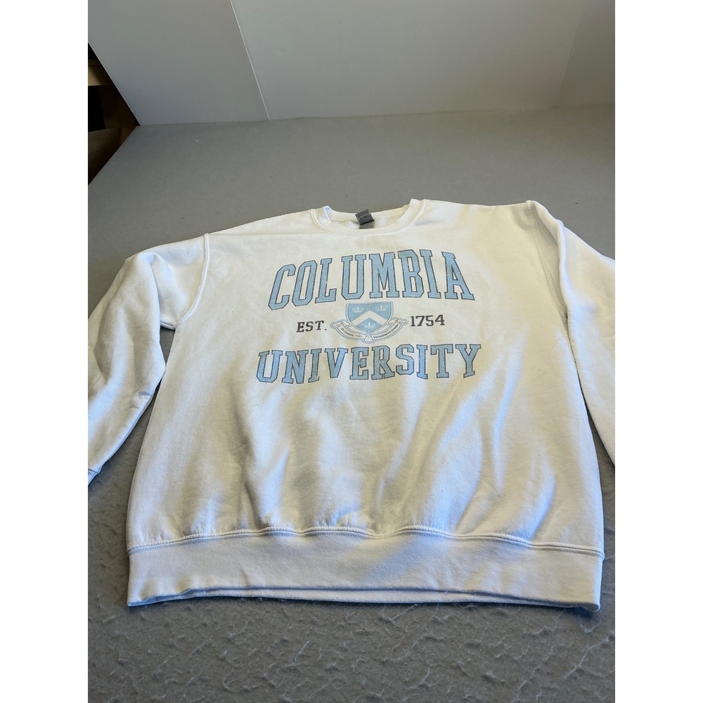 Gildan Columbia University Sweatshirt Crewneck Light Blue Graphic White Size M